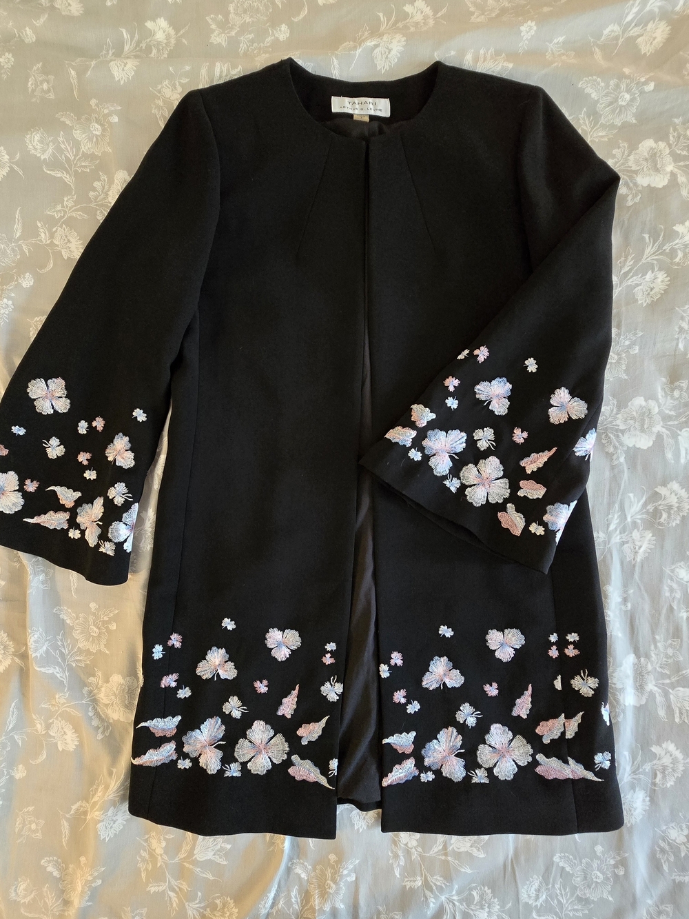 Tahari Long Black Blazer with Pink and White and Blue Floral Embroidery